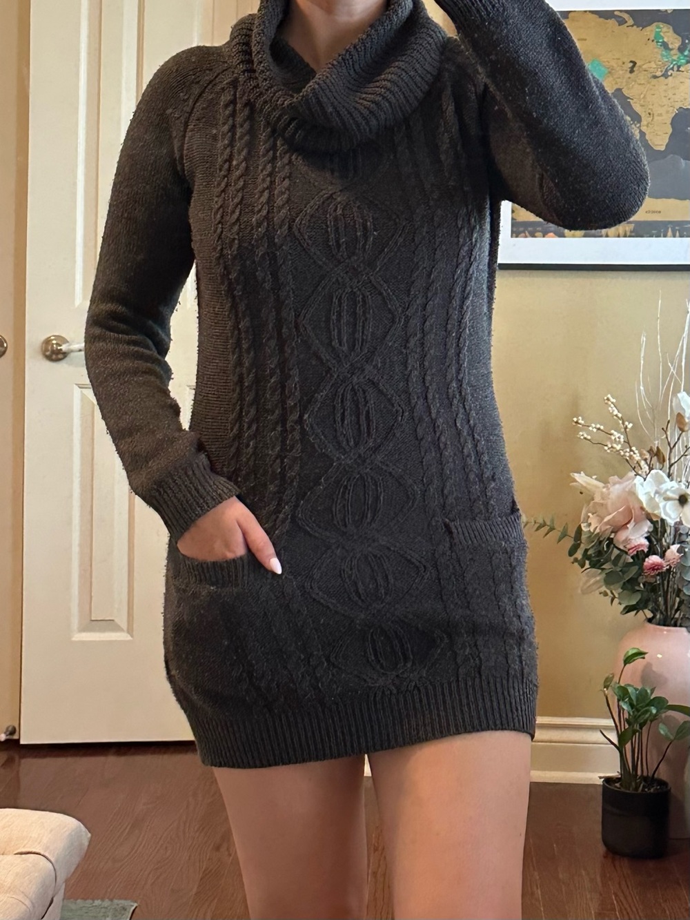 Women's Cable Knit Cowl Neck Sweater Dress - Charcoal